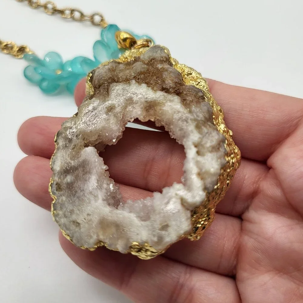 Laura J Finery Gold Plated Brass Necklace Druzy Geode Pendant Teal Gemstones - Picture 8 of 12